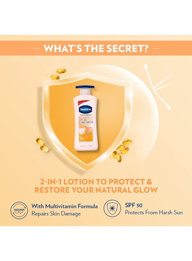 فازلين لوشن فازلين هيلثي برايت للحماية من الشمس للجسم بعامل حماية 30، 400 مل، مرطب يومي للبشرة الجافة، يمنح البشرة إشراقة غير دهنية - للرجال والنساء (عبوة من قطعتين) - Image 3